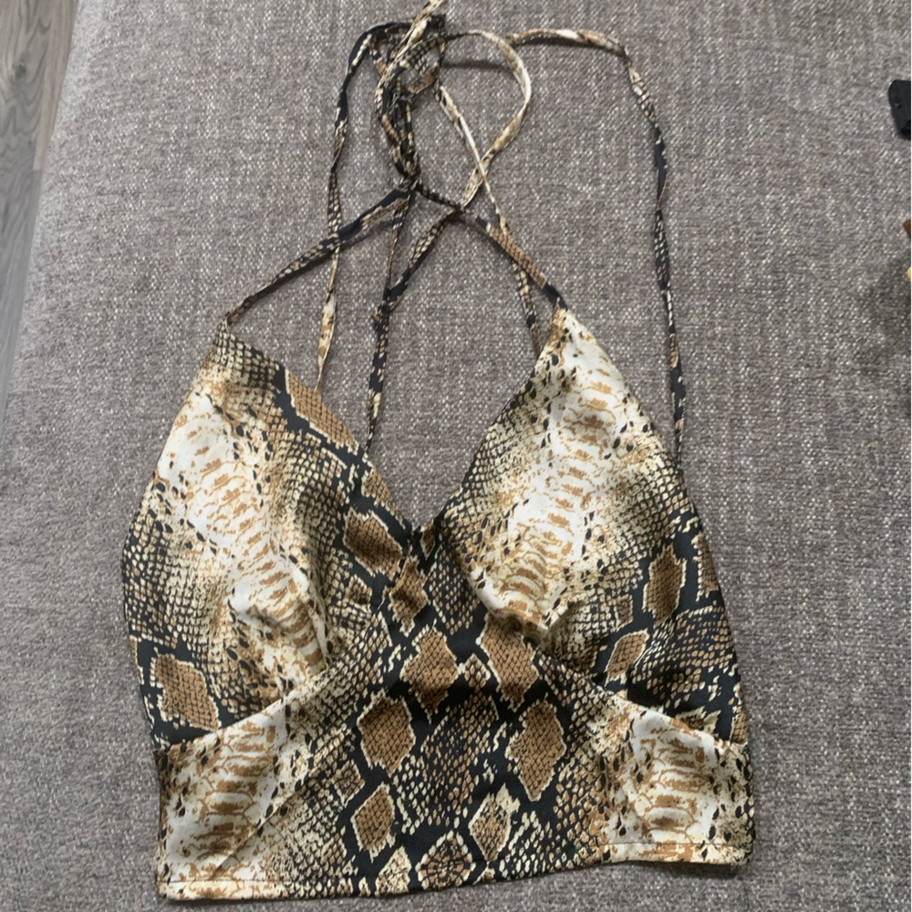 ⭐️Silky Snake Print Halter Crop Top Tie Back S NWOT